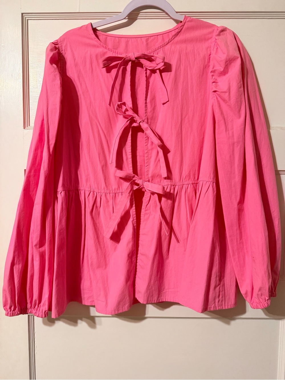Women's Pink Tie-Back Peplum Long-Sleeve Top